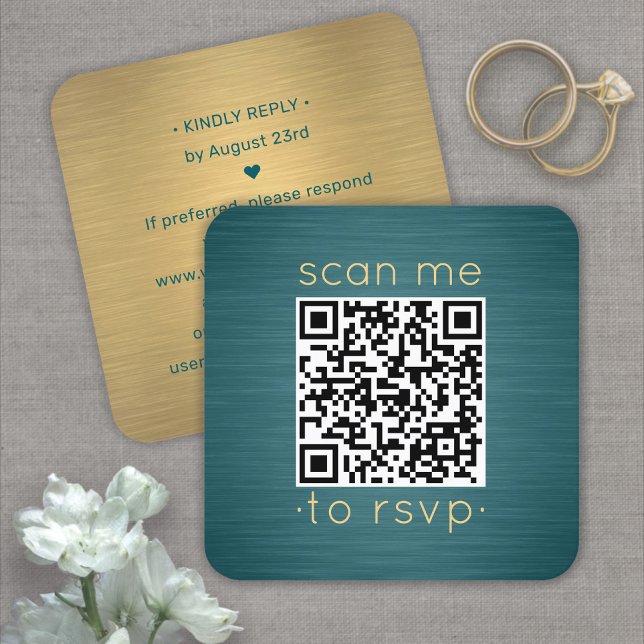 100 Pack QR RSVP Teal and Gold Wedding Enclosure Square Business Card (Creator Uploaded)
