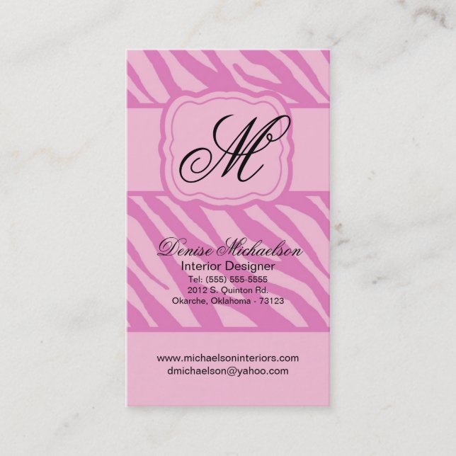 100 Pink on Pink Zebra Print Initial Business Card (Front)
