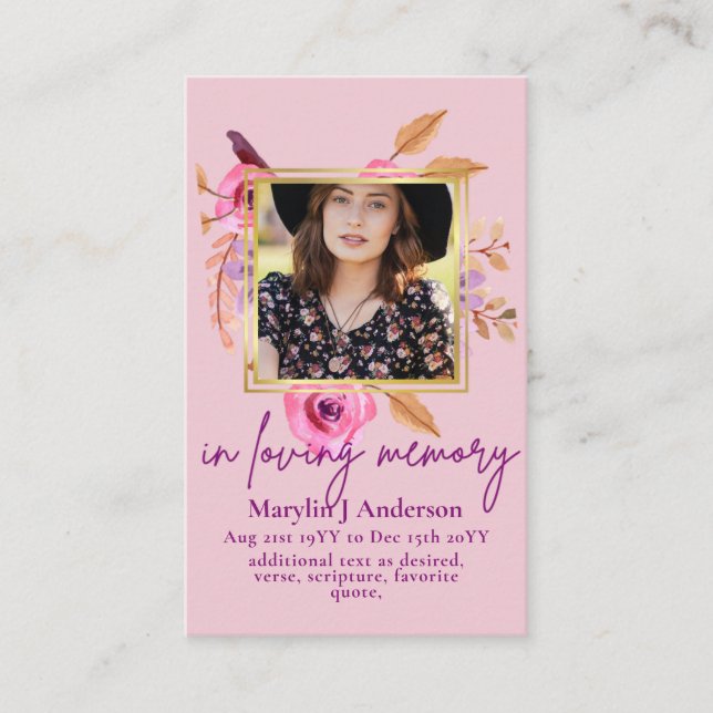 100 Pretty Floral Prayer Funeral Memorial PHOTO Business Card (Front)