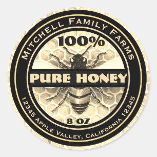 100% Pure Honey Bee Lable Classic Round Sticker