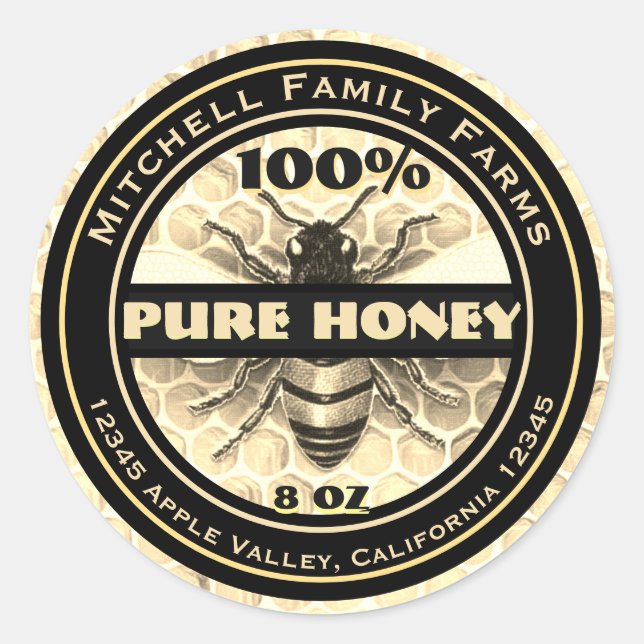 100% Pure Honey Bee Lable Classic Round Sticker (Front)