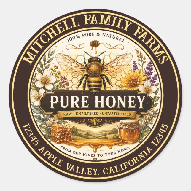 100% Pure Honey  Classic Round Sticker (Front)