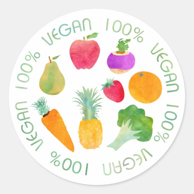 100% Vegan Fruit and Vegetable Watercolor Classic Round Sticker (Front)