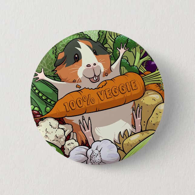 100% Veggie Happy Guinea Pig With Carrot 6 Cm Round Badge (Front)