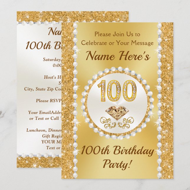 100 year Birthday Invitations, Lovely Personalised Invitation (Front/Back)