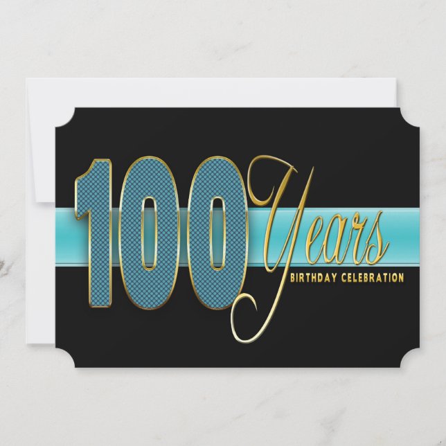 100 YEARS BIRTHDAY PARTY INVITATION AQUA/BLACK (Front)