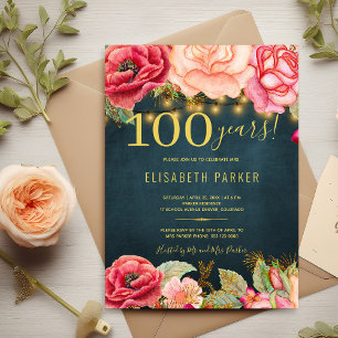100 years floral elegant 100th birthday party invitation