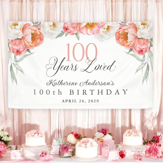 100 Years Loved Peach Floral 100th Birthday Banner (Creator Uploaded)