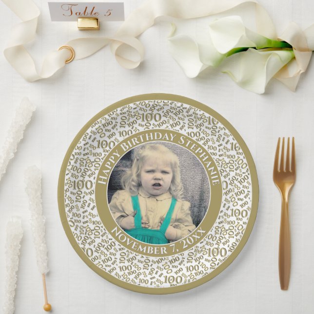 100 Your Photo Random Number Pattern Gold/White Paper Plate (Wedding)