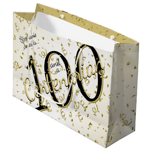 100 Yrs Centenarian Birthday Black/Gold Text Large Gift Bag (Front Angled)