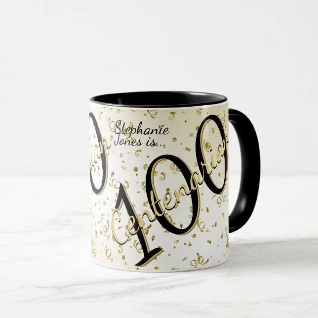100 Yrs Centenarian Birthday Black/Gold Text Mug (Front Right)