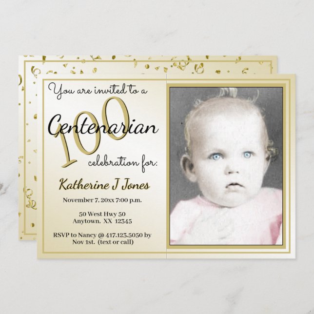 100 Yrs Centenarian Birthday Party Black/Gold Invitation (Front/Back)