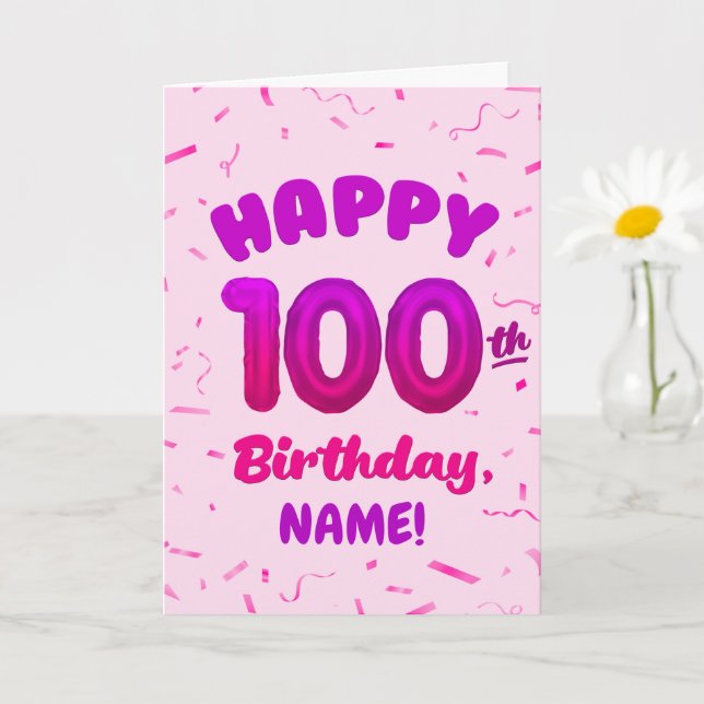100th Balloon Number Custom Name Birthday Card (Small Plant)