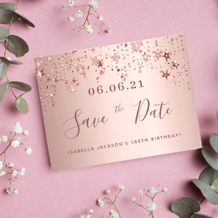 100th birthday 100 rose gold stars save the date postcard