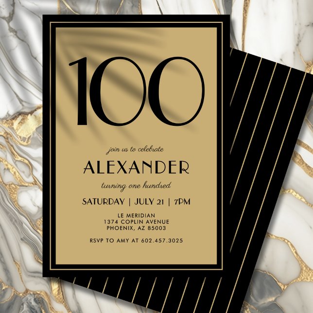 100th Birthday Adult Black and Gold Modern Minimal Invitation (Personalized black and gold invitation for an unforgettable 100th birthday.)