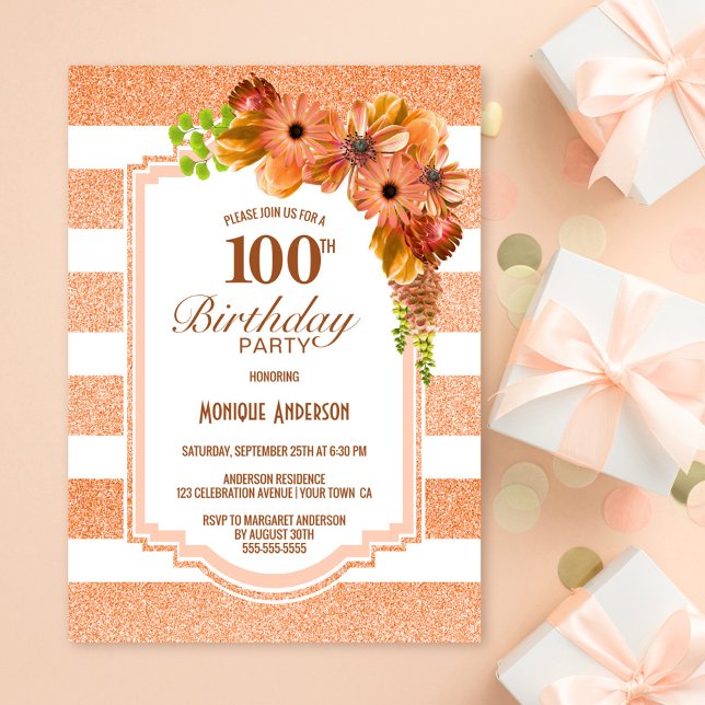 100th Birthday Apricot Striped Floral Party Invitation (Creator Uploaded)
