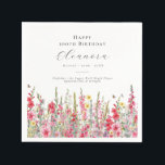 100th Birthday August Birth Flower Custom Napkin<br><div class="desc">Perfect table decor for an August birthday party. Pink gladiolus is the birth flower for that month. It forms a pretty watercolor bottom border on this floral personalised napkin. The birthday guest of honour's name, age and birthdate are placed above it using elegant calligraphy and typography. All text is editable....</div>