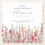 100th Birthday August Birth Flower Custom Paper Coaster<br><div class="desc">Perfect table decor for an August birthday party. Pink gladiolus is the birth flower for that month. It forms a pretty watercolor bottom border on this floral personalised coaster. The birthday guest of honour's name, age and birthdate are placed above it using elegant calligraphy and typography. All text is editable....</div>