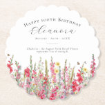 100th Birthday August Birth Flower Custom Paper Coaster<br><div class="desc">Perfect table decor for an August birthday party. Pink gladiolus is the birth flower for that month. It forms a pretty watercolor bottom border on this floral personalised coaster. The birthday guest of honour's name, age and birthdate are placed above it using elegant calligraphy and typography. All text is editable....</div>