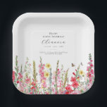 100th Birthday August Birth Flower Party Supplies Paper Plate<br><div class="desc">Perfect table decor for an August birthday party. Pink gladiolus is the birth flower for that month. It forms a pretty watercolor bottom border on this floral personalised plate. The birthday guest of honour's name, age and birthdate are placed above it using elegant calligraphy and typography. All text is editable....</div>