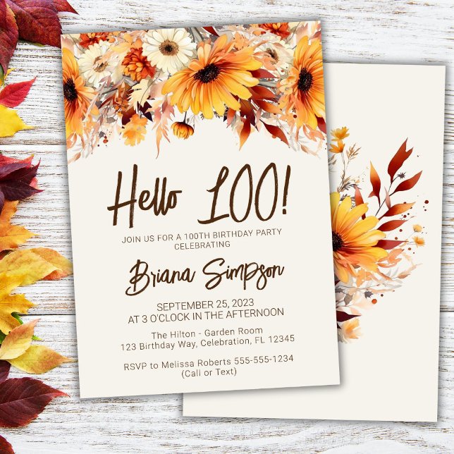 100th Birthday Beige Fall Floral Invitation (Creator Uploaded)