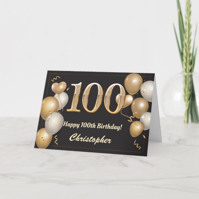 100th Birthday Black and Gold Balloons Birthday Card (Front)