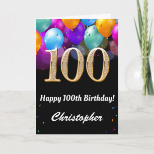 100th Birthday Black and Gold Colourful Balloons Card