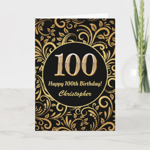 100th Birthday Black and Gold Floral Pattern Card