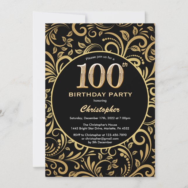100th Birthday Black and Gold Floral Pattern Invitation (Front)