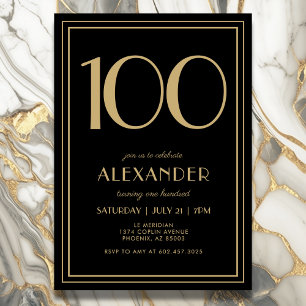 100th Birthday Black and Gold Modern Minimal Adult Invitation