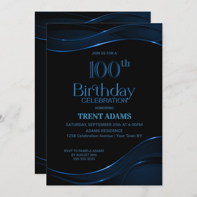 100th Birthday Black Blue Party Invitation (Front/Back)