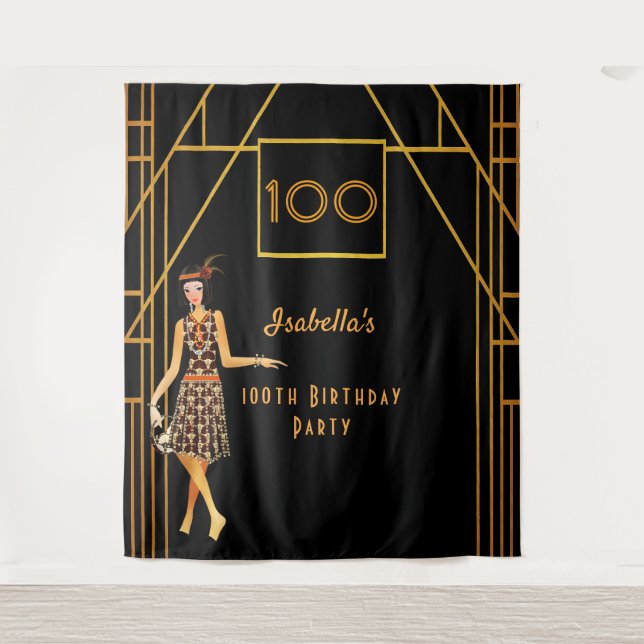 100th birthday black gold 1920's art deco tapestry (Front)