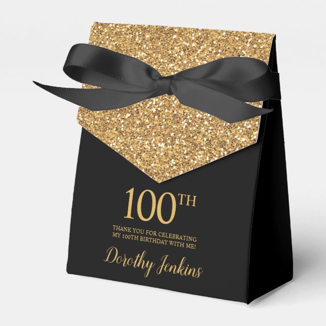 100th Birthday Black Gold Glitter Thank You Favour Box (Front Side)