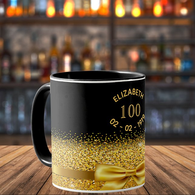 100th birthday black gold name elegant bow mug (Creator Uploaded)