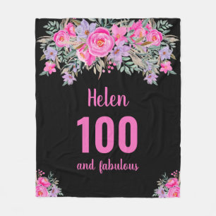 100th birthday black pink floral fleece blanket