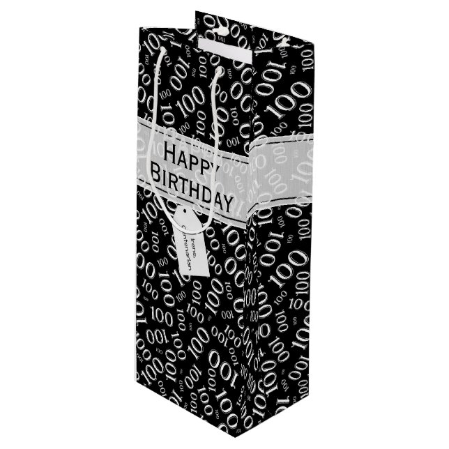100th Birthday Black/White Random Number Pattern Wine Gift Bag (Front Angled)