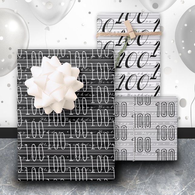 100th Birthday Black White Typography Numbers Wrapping Paper Sheet (Creator Uploaded)