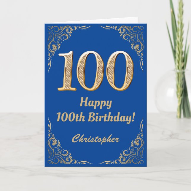 100th Birthday Blue and Gold Glitter Frame Card (Front)