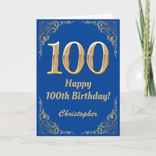 100th Birthday Blue and Gold Glitter Frame Card