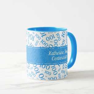 100th Birthday Blue and White Number 100 Pattern Mug
