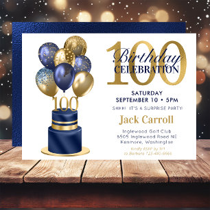 100th Birthday Blue Balloon Cake Surprise Party Invitation