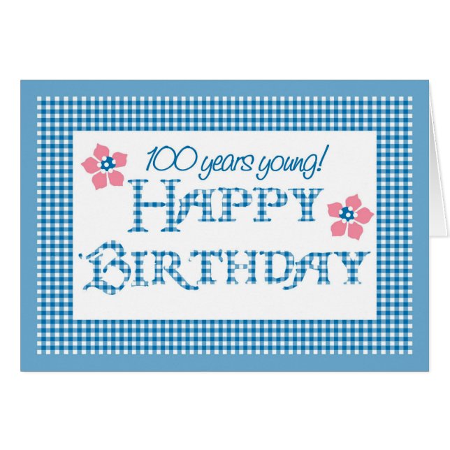 100th Birthday, Blue Check Gingham Pattern (Front Horizontal)