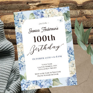 100th Birthday Blue Hydrangea Adult Garden Invitation