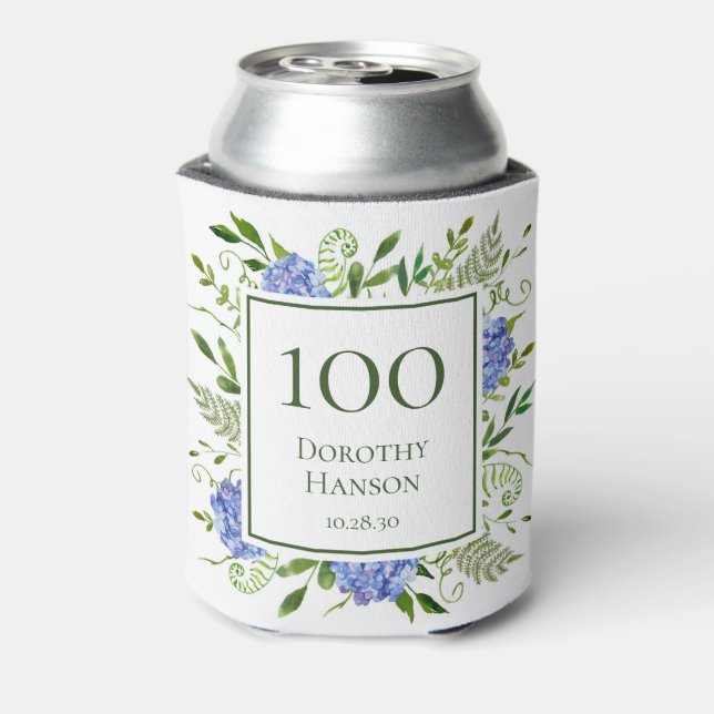 100th Birthday Blue Hydrangeas Can Cooler (Can Back)