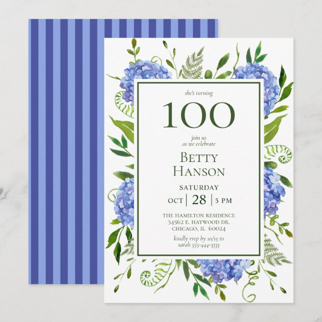 100th Birthday Blue Hydrangeas Invitation (Front/Back)