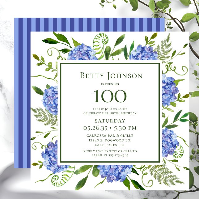 100th Birthday Blue Hydrangeas Invitation (Creator Uploaded)