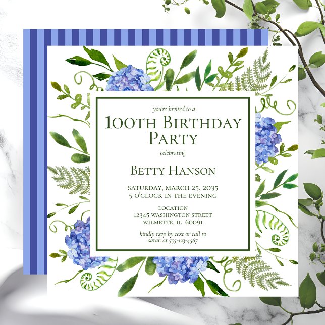 100th Birthday Blue Hydrangeas Invitation (Creator Uploaded)