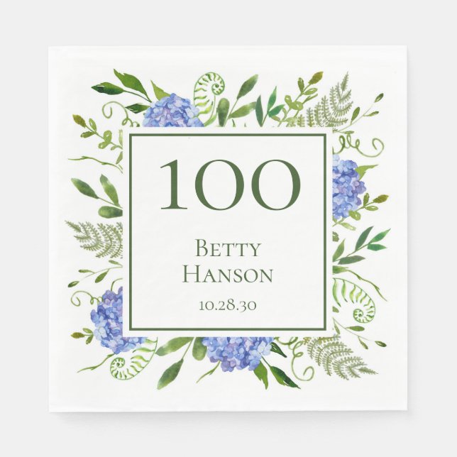 100th Birthday Blue Hydrangeas Napkin (Front)