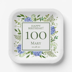 100th Birthday Blue Hydrangeas Paper Plate