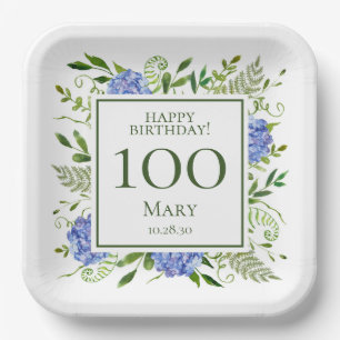100th Birthday Blue Hydrangeas Paper Plate